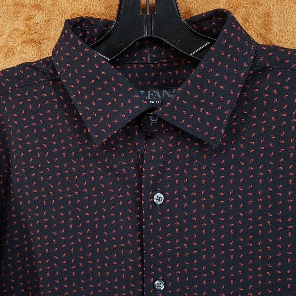 ALFANI Dress Shirt Mens Size 17 17.5 34 35 Black Red Geo Neat Slim Fit Stretch